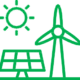 Green outline of a wind turbine, a solar panel and the sun.