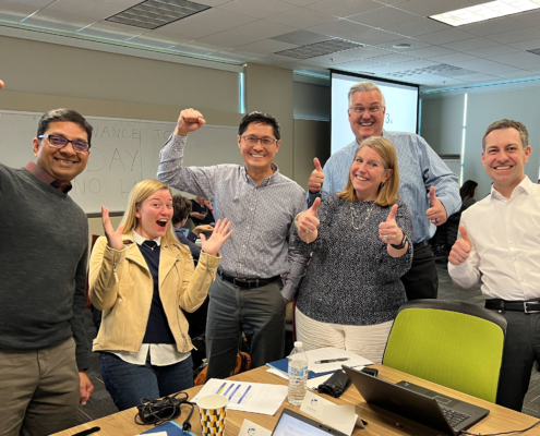 A group of 6 people standing around a table of office supplies and coffe cups. They are all very excited and holding their hands up in thumbs up or fists or a peace sign.