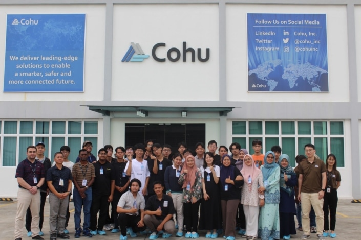 A group of 36 people standing in fron of the entryway of a white building with the words Cohu written on the front. Two people are squatting in front of the group and some people are giving a thumbs up.