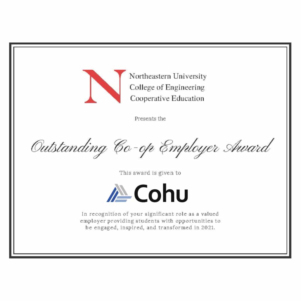 A certificate from Northeastern University awarding Cohu an Outstanding Co Op Employer award.