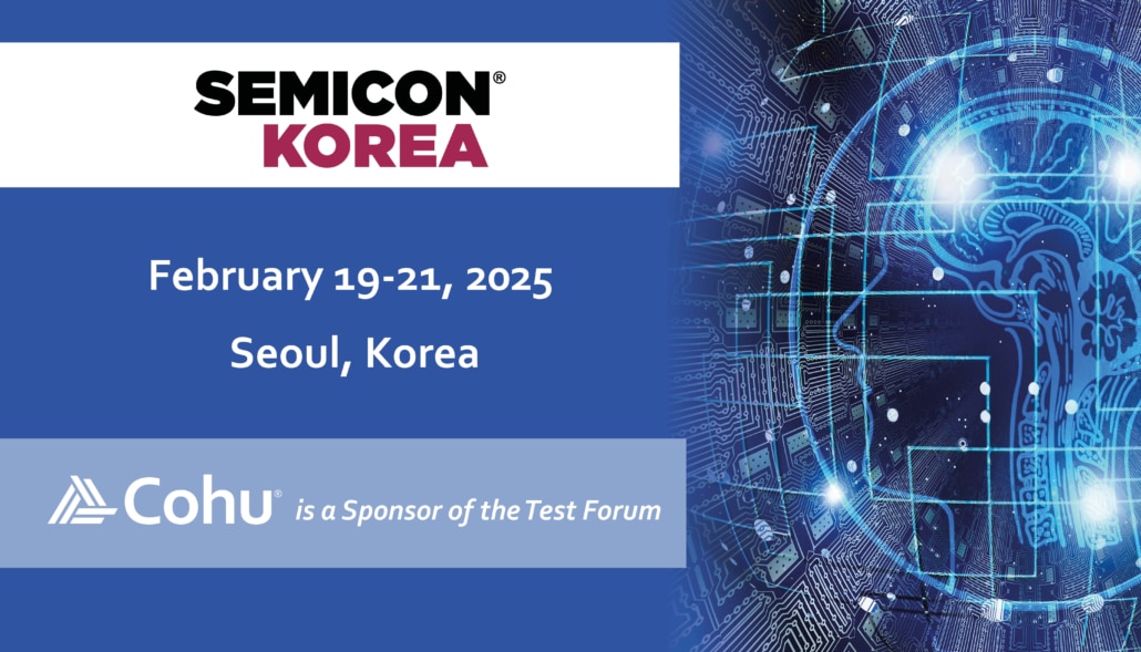 Cohu will be attending Semicon Korea on February 19-21 in 2025. On the right is a graphic of a human brain overlayed by circuit lines and a rounded circuit board is in the background.