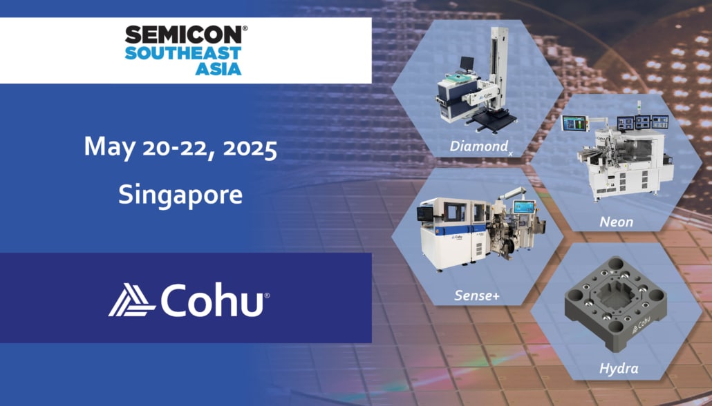 Cohu will be attending Semicon Southeast Asia on May 20-22 in 2025. Diamondx, Sense plus, Hydra, and Neon products are showcased with semiconductor wafers in the background.